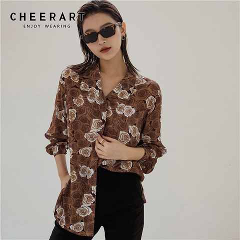 Осенняя коричневая рубашка CHEERART для женщин, Топ с длинным рукавом и блузка, свободная блузка с цветочным принтом роз, рубашка с воротником н... ► Фото 1/6