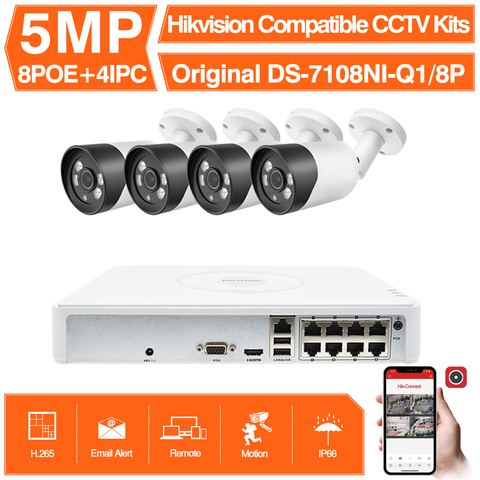 Hikvision совместимые наборы 4 шт. 5MP POE IP-камера Bullet ColorVu & Hikvision 8CH POE NVR DS-7108NI-Q1/8P DIY система видеонаблюдения ► Фото 1/6