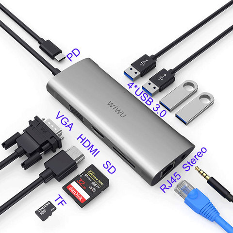 WIWU 11 в 1 мультиконцентратор USB 3,0 для MacBook Pro USB адаптер док-станция зарядка Type-c концентратор HDMI RJ45 VGA USB разветвитель 3,0 USB C концентратор ► Фото 1/6