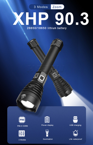 Мощный светодиодный фонарь XHP 90,3 70,2 Супер яркая вспышка USB Перезаряжаемый зум тактический фонарь поиск поход лампа ► Фото 1/6