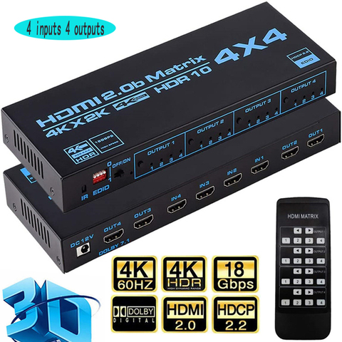 HDMI матричный коммутатор 4x4, 4K HDMI матричный коммутатор сплиттер 4 в 4 выхода с экстрактором EDID и ИК-пультом дистанционного управления ► Фото 1/5