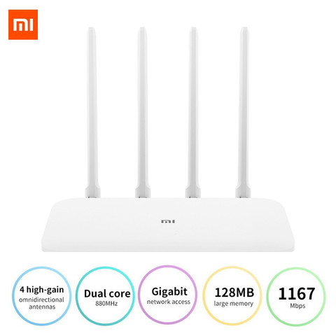 Роутер Xiaomi Mi 4A Gigabit edition, 2,4 + 5 ГГц, Wi-Fi, 16 Мб ПЗУ + 128 Мб DDR3, 4 антенны с высоким коэффициентом усиления, управление через приложение ► Фото 1/6