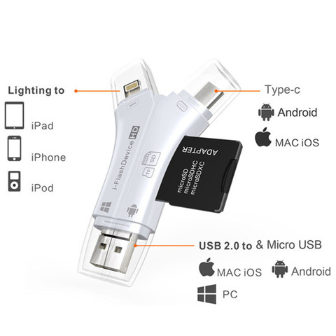 4 в 1 USB Type-C Micro USB Lighting Card Reader OTG Card Reader для Micro SD и TF карты SD карты для Iphone Android ► Фото 1/1