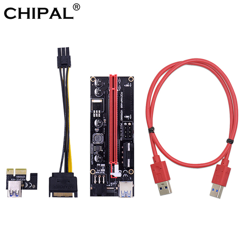 CHIPAL Dual светодиодный VER009S PCI-E Райзер карта 009S PCI Express 1X до 16X 0,6 м USB 3,0 кабель 6-контактный источник питания для майнинга биткоинов ► Фото 1/6