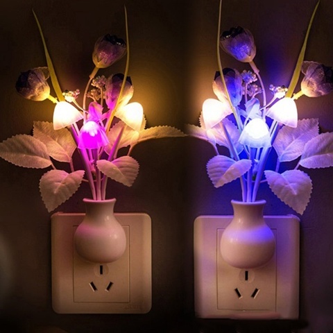 Милый цветной светодиодный ночной Светильник сиреневого цвета, ночник с грибами и романтическим тюльпаном, светильник для домашнего декора, Освещение US/EU Plug ► Фото 1/6