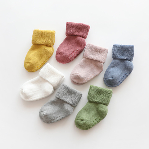Махровые носки для новорожденных, нескользящие носки для малышей, зимние теплые плотные носки для маленьких девочек и мальчиков, однотонны... ► Фото 1/5