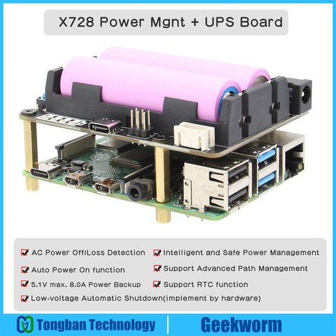Raspberry Pi 18650 UPS (макс. 5,1 В 8A), X728 плата управления питанием с детектором потери мощности переменного тока и безопасным отключением для Pi 4B/3B +/ 3B ► Фото 1/6