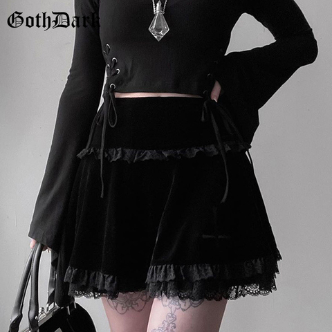 Женская плиссированная мини-юбка Goth Dark Mall, Готическая бархатная винтажная юбка с высокой талией и оборками ► Фото 1/6