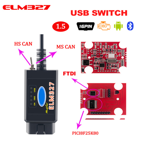 PIC1825K80 ELM327 USB V1.5 для Ford FTDI чип с переключателем HS/MS OBD 2 CAN для Forscan автомобильный диагностический инструмент и elm 327 usb версия ► Фото 1/6