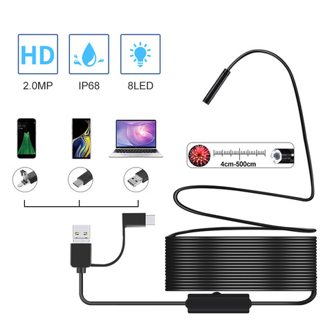 Полужесткая USB камера-эндоскоп 2,0 МП, водонепроницаемая камера IP67 для канализации с 8 светодиодами для Android, MacBook и Windows, ПК (3 см-5 м) ► Фото 1/6