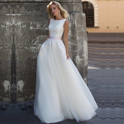 Свадебное платье с круглым вырезом 2022 Robe De Mariee Mariage кружевные аппликации с поясом винтажные тюлевые свадебные платья ► Фото 1/6