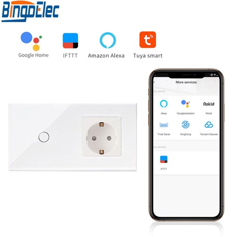 Bingoelec 1 банда 1 способ WIFI сенсорный выключатель с немецкой розеткой стандарт ЕС Хрустальная стеклянная панель умный дом автоматизация насте... ► Фото 1/5