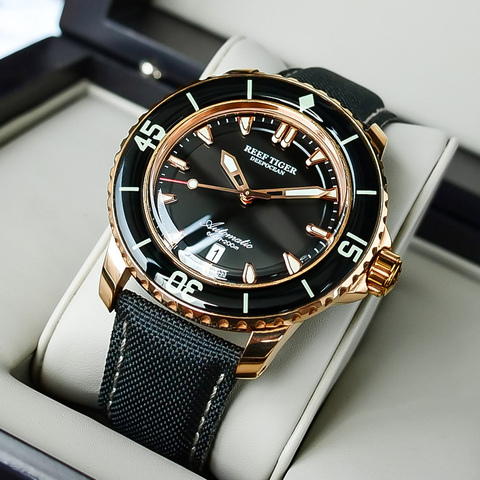 Риф Тигр/RT мужские подводные часы с датой супер световой Автоматическая нейлоновый ремешок часы из розового золота RGA3035 ► Фото 1/1