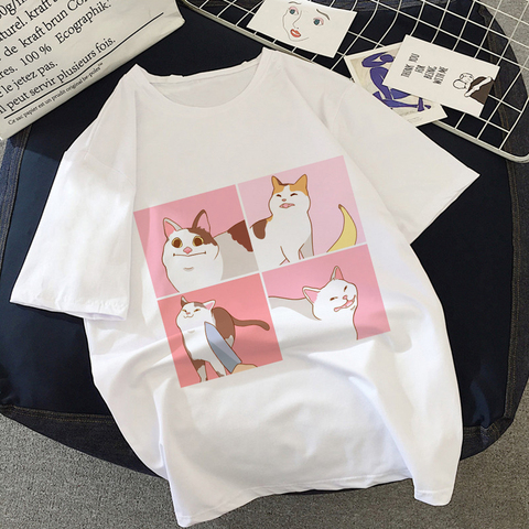 Женская футболка с принтом кота и графическим принтом, белая футболка в стиле Харадзюку, лето 2022 ► Фото 1/6
