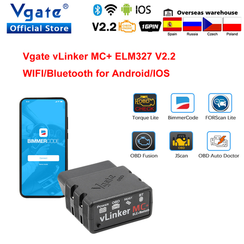 Vgate vLinker MC + ELM327 wifi Автомобильный диагностический сканер OBD2 авто Bluetooth 4,0 диагностический инструмент для Android/IOS ELM 327 OBD 2 ODB2 Bimmercode ► Фото 1/1
