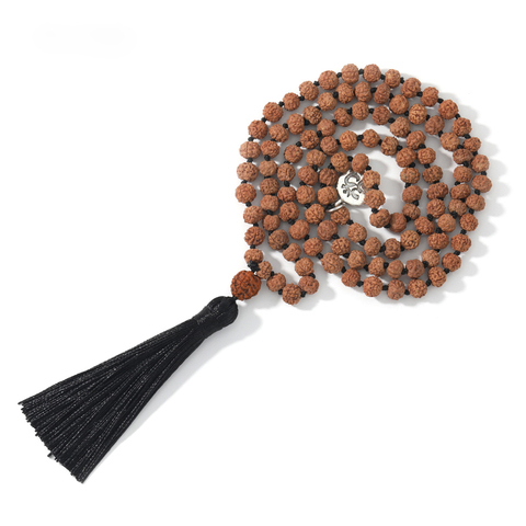 108 натуральная рудракша Mala Beads Yoga медитация кисточка Japamala ожерелье для женщин подвеска с черной кисточкой ► Фото 1/6