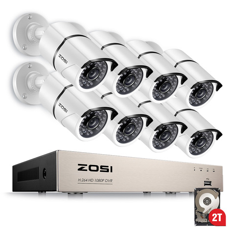 ZOSI 1080p 8-канальная система видеонаблюдения TVI DVR с 8x1080p наружными и комнатными цилиндрическими камерами видеонаблюдения белого цвета МП ► Фото 1/6