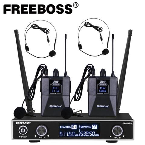 Freeboss FB-U35H2 двухполосная UHF Беспроводная микрофонная система с фиксированной частотой с 2 шт. боди + 2 шт. lavalier & гарнитура речевой микрофон ► Фото 1/6