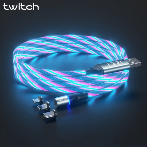 Круглый Магнитный usb-кабель Twitch T01 для Samsung, Huawei, iPhone, цветной светящийся Магнитный кабель Micro USB Type C для быстрой зарядки ► Фото 1/6