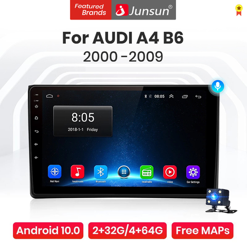 Автомагнитола Junsun V1 Pro, мультимедийный проигрыватель на Android 10,0, 4 Гб ОЗУ, 64 Гб ПЗУ, с GPS-Навигатором, без dvd, для Audi A4 B6 2000-2009, типоразмер 2DIN ► Фото 1/6