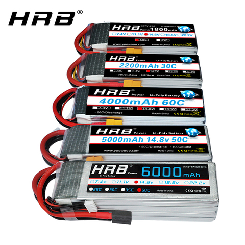 Литий-полимерная батарея HRB, батарея 14,8 в, 5000 мА/ч, 6000 мА/ч, 4S, 2200 мА/ч, 3300 мА/ч, 4200amh, 12000 мА/ч, 22000 мА/ч, RC Lipo Dean для радиоуправляемых автомобилей, др... ► Фото 1/6