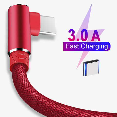 Кабель USB Type C длиной 1 м, 2 м, 3 м с углом 90 градусов, зарядное устройство, провод для Samsung, Huawei, Xiaomi, USB-C USBC, длинный шнур для быстрой зарядки и пере... ► Фото 1/6