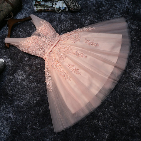 Женское платье для выпускного вечера, элегантное розовое платье для выпускного вечера, короткое платье до колена с V-образным вырезом и аппл... ► Фото 1/6