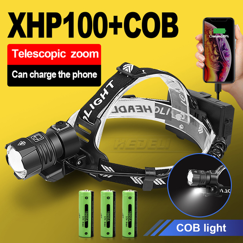 XHP100 + COB светодиодные фары головного света светильник USB Перезаряжаемые зум головной светильник 18650 погрузчик 90 Мощная Вспышка светильник фара Водонепроницаемый фонарь ► Фото 1/6