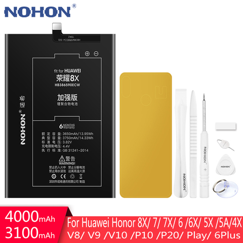 Новый аккумулятор NOHON для Huawei Honor 8X, 7, 7X, 6, 6X, 6plus, 5X, 5A, 4X, V8, V9, V10, P10, P20 Play, сменный аккумулятор, бесплатные инструменты, HB386590ECW ► Фото 1/6