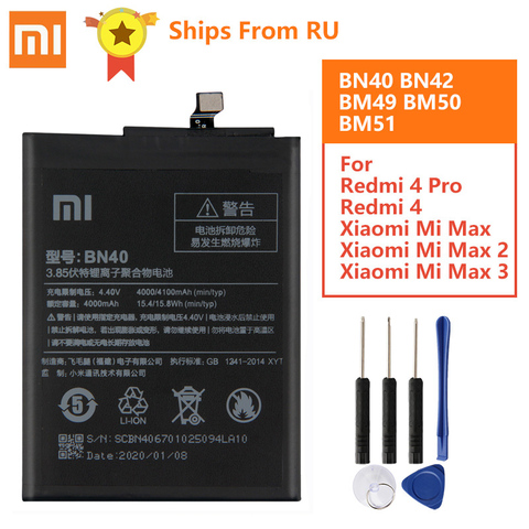 Аккумулятор BN40 BN42 BM49 BM50 BM51 для Xiaomi, батарея BN40 BN42 BM49 BM50 BM51 For Xiaomi Redmi 4 Pro Prime 3 Гб ОЗУ, 32 Гб ПЗУ, Redmi4 Mi Max Max2 Max3, оригинал ► Фото 1/6
