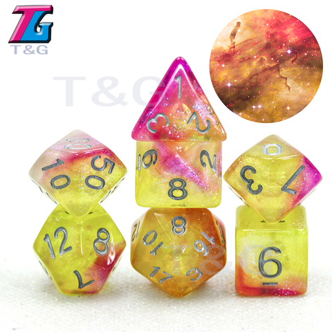 Новый Красочный Вселенная Галактика кости набор D4-D20 с сумкой Shinny Effectt Cool для DND RPG Boardgame Party Gift ► Фото 1/5