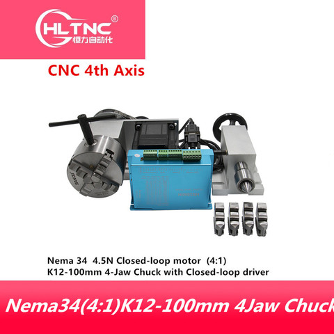 Nema 34 4.5N close loop motor (4:1) K12-100mm 4 кулачковый патрон 100 мм CNC 4-я ось A aixs роторная ось + Mt2 задний сток для ЧПУ ► Фото 1/5