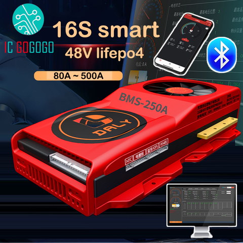 DALY Smart с охлаждающим вентилятором 16S 48V Lifepo4 150A 200A 250A Защитная плата литиевого аккумулятора 3,2 V BMS Bluetooth приложение CAN RS485 PC ► Фото 1/4