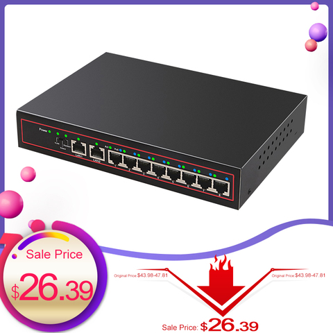 Коммутатор POE с 10 портами, 48 В, сетевой коммутатор Ethernet, 8 PoE выключатель инъектор для IP-камеры/беспроводной AP/системы видеонаблюдения ► Фото 1/6