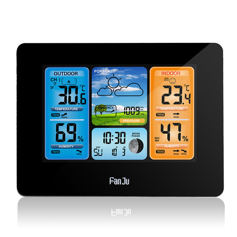 FanJu метеостанция, цифровой настенный будильник, термометр, гигрометр с беспроводным датчиком температуры и влажности FJ3373 ► Фото 1/6