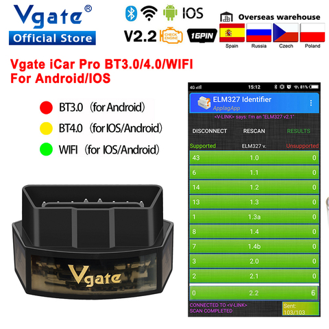 Vgate iCar Pro Bluetooth 4,0 WIFI ELM327 V2.2 OBD2 Оригинальный сканер ELM 327 для Android/IOS OBD OBD2 автомобильный диагностический инструмент ► Фото 1/6