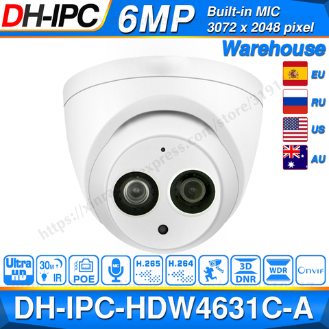 Dahua IPC-HDW4631C-A 6MP HD POE сетевая Мини купольная IP камера металлический корпус Встроенный микрофон CCTV камера 30 м ИК Ночное Видение Dahua IK10 ► Фото 1/6