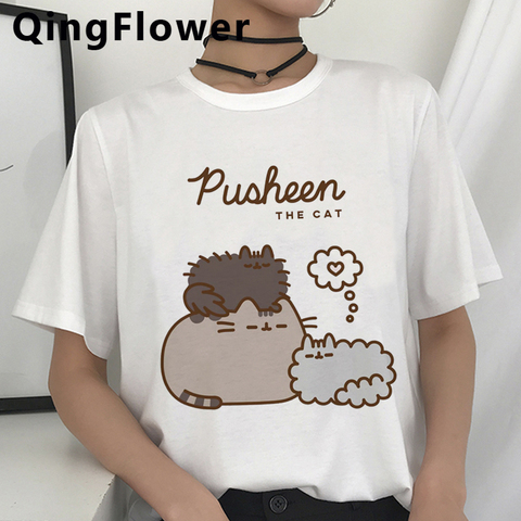 Женская забавная футболка Kawaii Pusheen Cat, милая футболка с мультипликационным принтом в стиле Харадзюку, модная футболка Ullzang 90s, Графический То... ► Фото 1/6