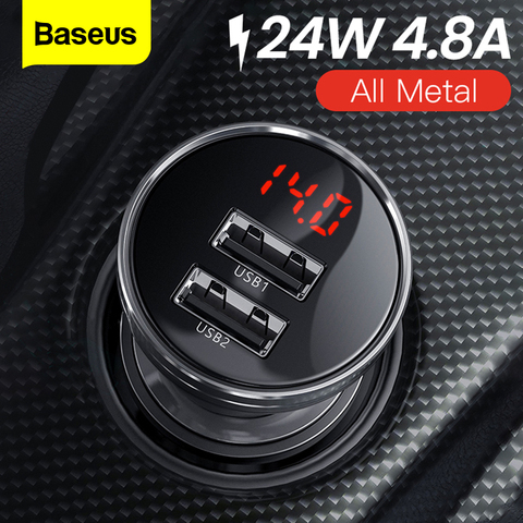 Baseus металлическое автомобильное зарядное устройство с двумя USB-портами 24 Вт 4,8 А, быстрое автомобильное зарядное устройство USB, светодиодный... ► Фото 1/6