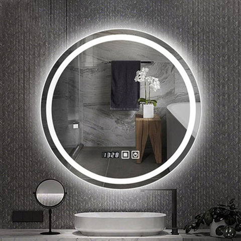 Настенное светодиодное зеркало для ванной, противотуманное зеркало, bluetooth, умное зеркало для ванной комнаты, круглое светящееся зеркало ► Фото 1/6