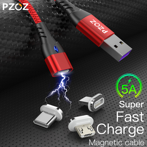 Магнитный кабель PZOZ, 5 А, usb type c, кабель для быстрой зарядки micro usb для iphone 11 max xr, магнитный кабель для зарядки ► Фото 1/6