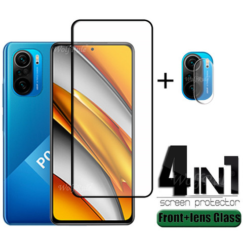 4 в 1 для Poco F3 стекло для Xiaomi Poco F3 закаленное стекло полное покрытие клей HD защитная пленка для Poco F3 стекло для объектива ► Фото 1/6