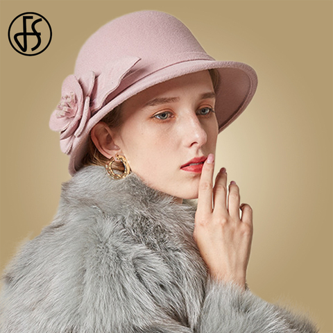 Женская фетровая шляпа FS, розовая однотонная фетровая шляпа с широкими полями и красными цветами, зимняя, 100% ► Фото 1/6