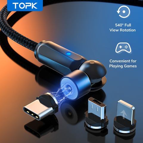 TOPK 540 вращающийся магнитный usb-кабель для быстрой зарядки, кабель USB Type-C, магнитное зарядное устройство, Кабель Micro-USB для зарядки и передачи д... ► Фото 1/6