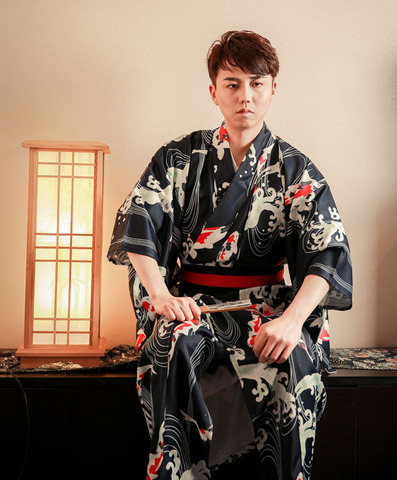 Летнее мужское кимоно с волнистыми рыбками и Оби, праздничный традиционный халат, платье, косплей, кимоно самурая, костюмы DH053 ► Фото 1/6