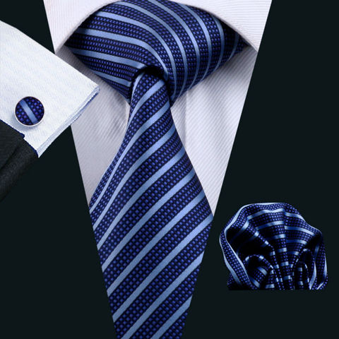 Мужской галстук в синюю полоску, из 100% шелка, жаккардовый плетеный галстук-бабочка, Hanky, набор запонков для мужчин, для формальной свадебной вечеринки ► Фото 1/6