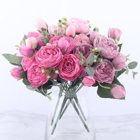Розовые шелковые искусственные пионы, букет высотой 30 см из 5 больших цветков и 4 закрытых бутонов, недорогие искусственные цветы для украше... ► Фото 1/6