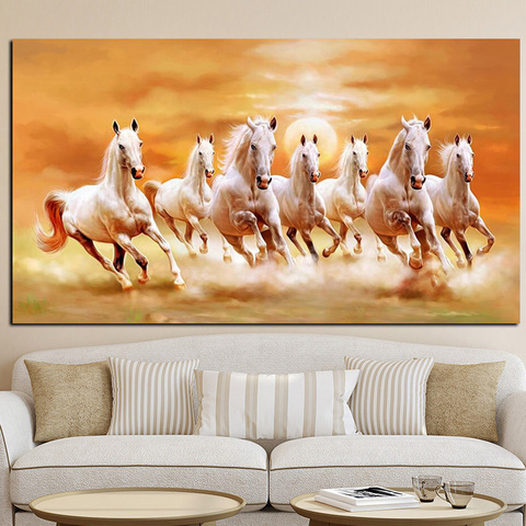 Картина с изображением семи бегущих белых лошадей и животных, художественный холст, постеры и принты золота, современная картина на стену д... ► Фото 1/6
