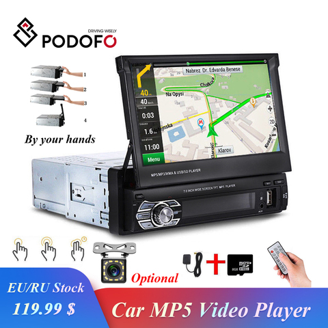 Автомагнитола 1din Podofo, выдвижной автомобильный радиоприемник с GPS-навигацией, Bluetooth, FM, USB, сенсорным экраном 7 дюймов, mp5-плеером, камерой MirrorLink ► Фото 1/6