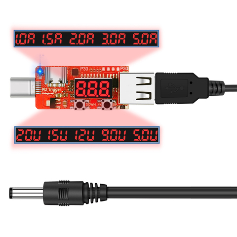 Спусковой кабель HiDANCE Type-c PD2/3,0 на постоянный ток 5,5*2,5 мм DC5525 QC4, зарядное устройство для ноутбука 15/20 в или 9 В/12 В, дисплей, ток и напряжение ► Фото 1/5